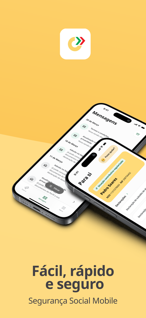 Dos teléfonos inteligentes mostrando la interfaz de la aplicación de la Seguridad Social Portuguesa sobre un fondo amarillo