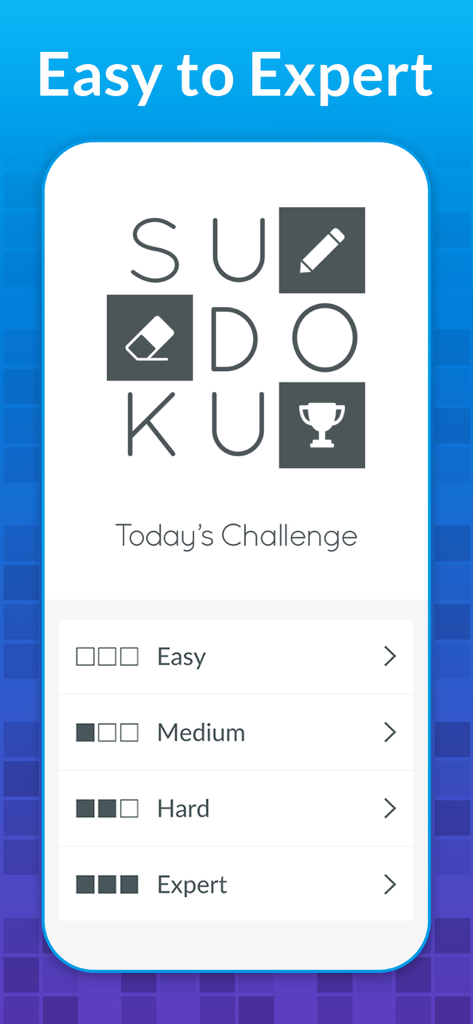 Hauptmenübildschirm der Sudoku-App, der vier Schwierigkeitsgrade von "Einfach" bis "Experte" mit der Option "Herausforderung des Tages" anzeigt.