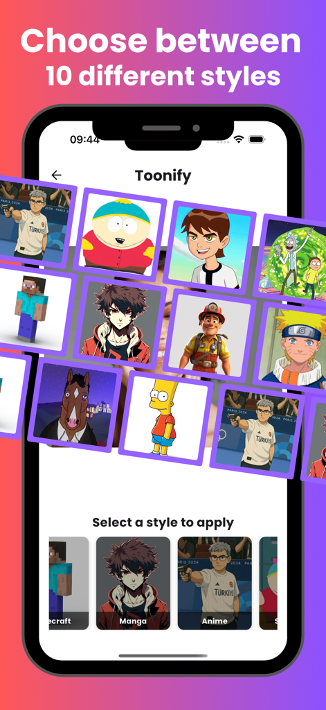 Cartoon Yourself - Toonify - A mobile screen showing various AI-generated cartoon and anime styles in the Toonify app.