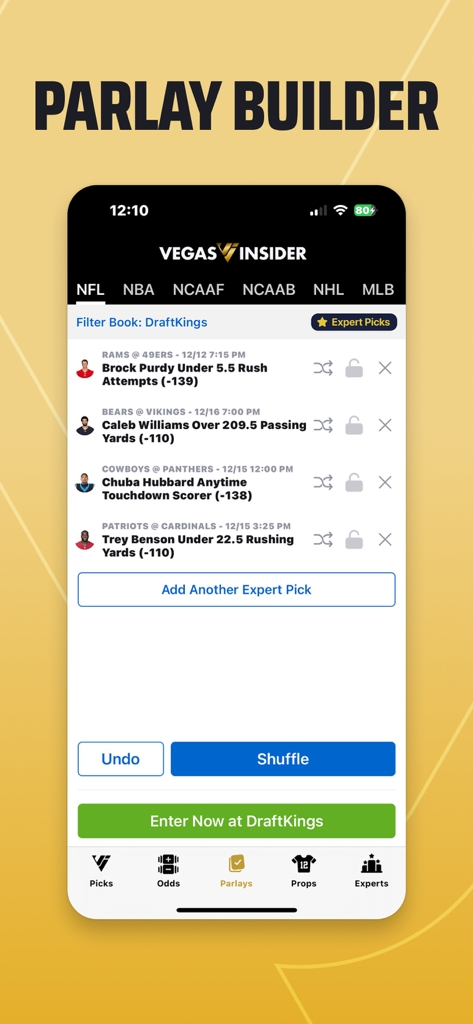 VegasInsider Betting Tips - VegasInsider app parlay builder screen showing NFL expert betting picks
