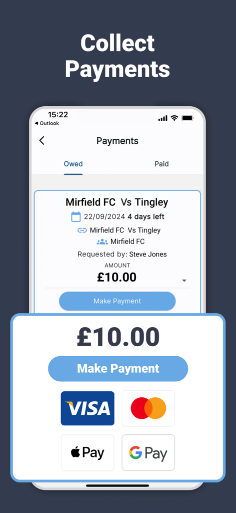 Teamer - Sports Team App - Teamer Mobile App-Oberfläche mit Optionen zum Einzug von Zahlungen für Sportteams über Apple Pay und Google Pay