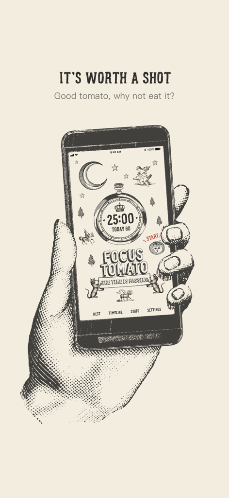Focus Tomato - Let's focus now - Una mano sostiene un teléfono inteligente que muestra la aplicación Focus Tomato con ilustraciones estilo vintage y un temporizador Pomodoro de 25 minutos.