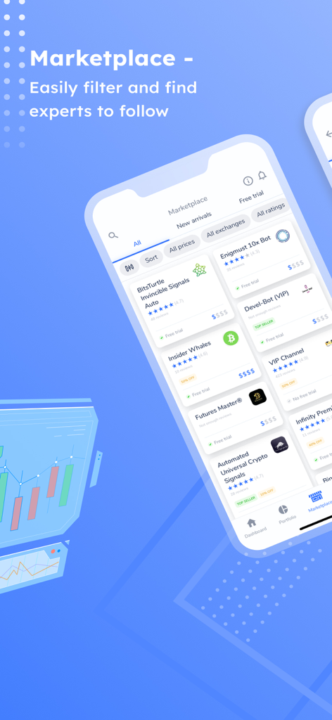 Cornix app marketplace interface showing various automated crypto trading signals and expert bots to follow