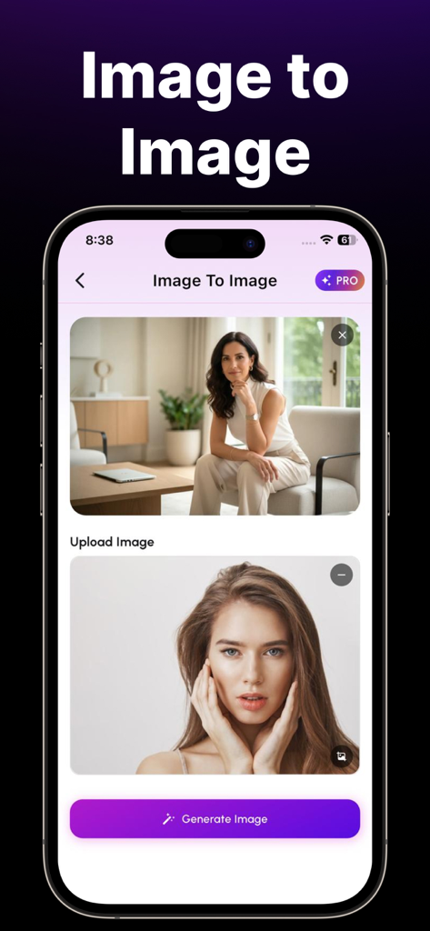 AI Photo Generator - Image AI - User interface of the Image to Image feature in the AI Photo Generator app showing a photo being uploaded for style transformation