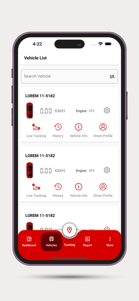 Oberfläche der M2M Fahrzeug-Tracking-System-App, die eine Liste der überwachten Fahrzeuge mit Echtzeit-Geschwindigkeit und Motorstatus anzeigt