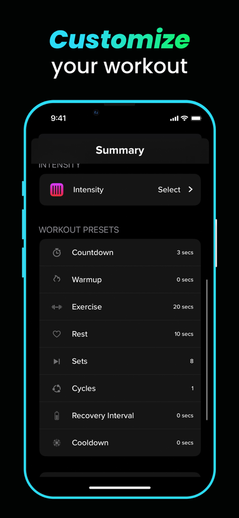 HIIT & Tabata: Interval Timer - Un teléfono inteligente que muestra la pantalla de personalización del entrenamiento con ajustes para la duración del ejercicio, periodos de descanso y recuento de series