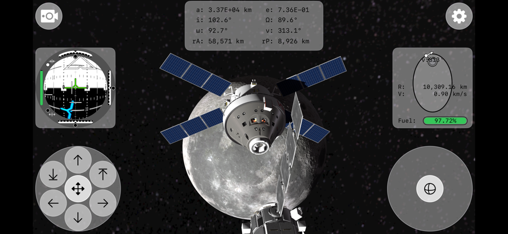 Mission Orion 2 - Cápsula Orion orbitando la luna con interfaz de simulación de vuelo técnico en Mission Orion 2
