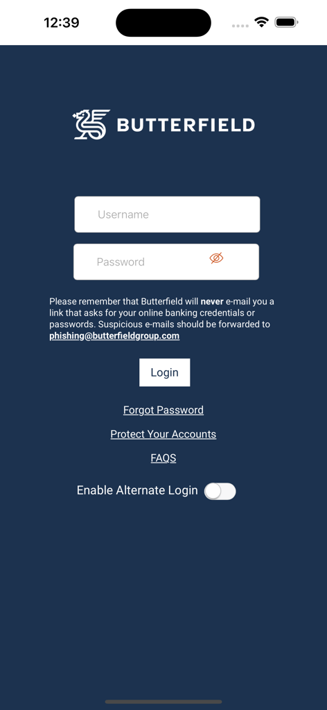 Butterfield Online Banking - Login screen for Butterfield Online Banking app featuring username and password fields on a dark blue background
