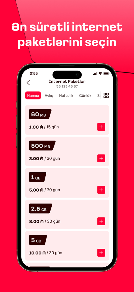 Interfaccia dell'app Bakcell che visualizza vari pacchetti di dati internet mobili con prezzi e durate