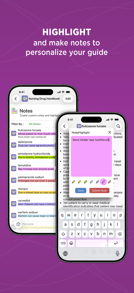 Interface of the Nursing Drug Handbook app showing personalized notes and color-coded medication highlights on a mobile device.