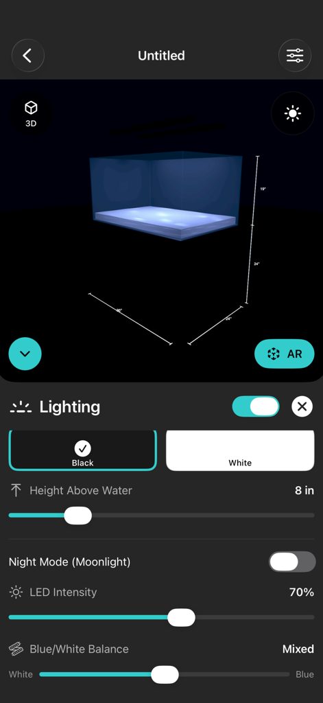 Aquarium Planner AR - Lighting customization screen in the Aquarium Planner AR app showing 3D tank controls