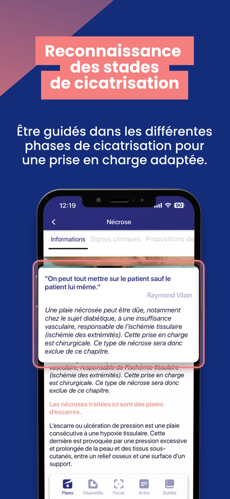 Capture d'écran de l'application e-Pansement affichant des informations sur les stades de cicatrisation des plaies et la gestion de la nécrose.