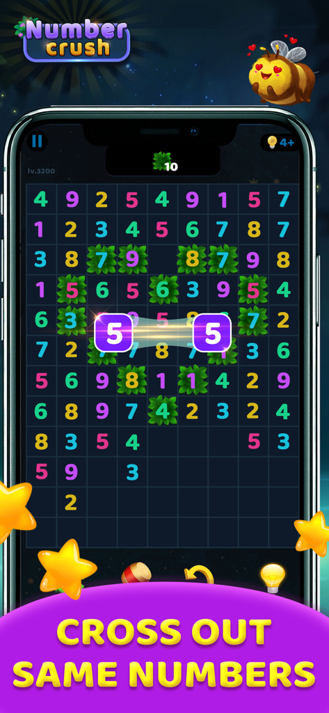 Number Crush: Match Ten Puzzle - 플레이어가 화려한 그리드에서 동일한 숫자를 지우는 넘버 크러쉬 텐 매치 논리 퍼즐을 보여주는 모바일 화면