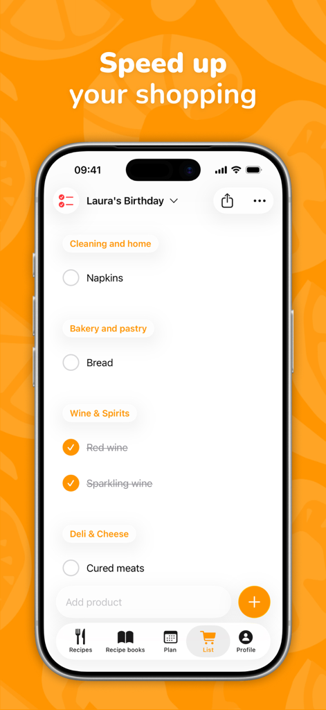 Interface of CookNest app showing a shopping list organized by grocery categories like bakery and wine