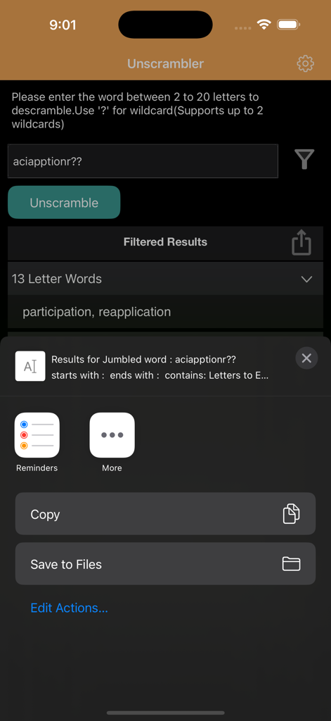 Unscrambler-Word - Unscrambler Word app showing unscrambled word results for participation and a sharing menu on an iPhone