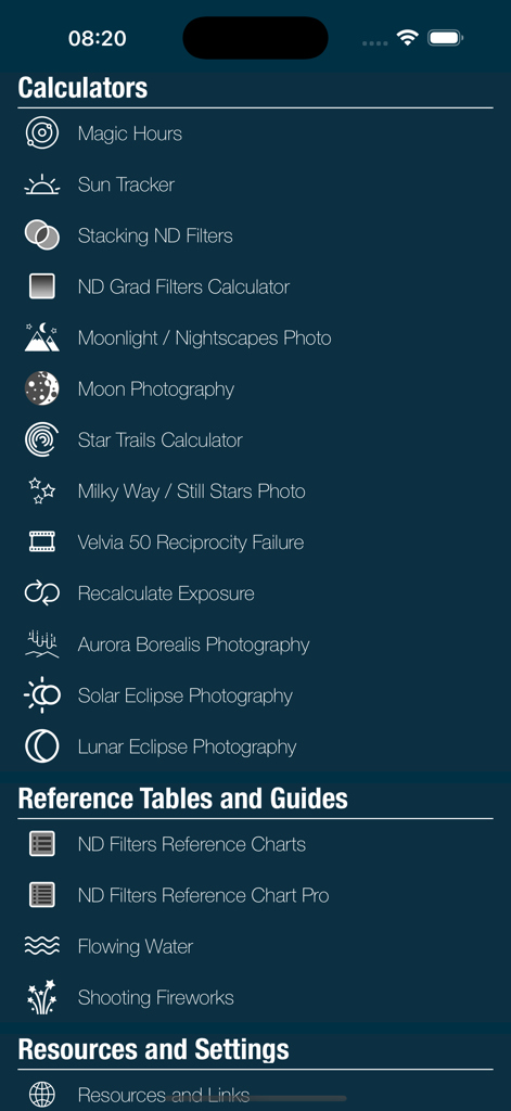 LExp - Long Exposure Calcs - Main menu of the LExp app showing long exposure calculators and reference guides for photographers