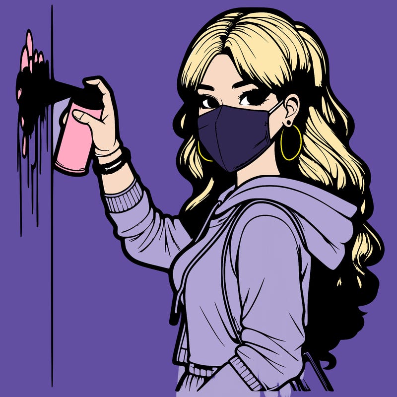 realistic girl with mask spray painting a wall