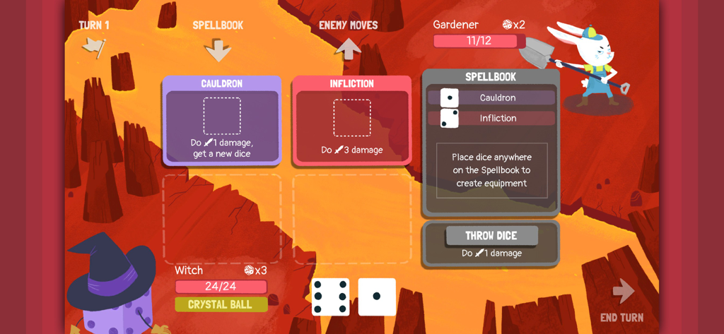 Dicey Dungeons - Dicey Dungeons gameplay showing the Witch character in a turn-based battle against a rabbit Gardener enemy.