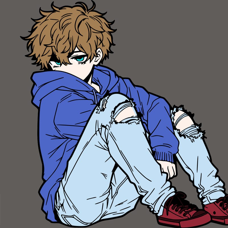 a male hoddie ripped jeans messy hair anime