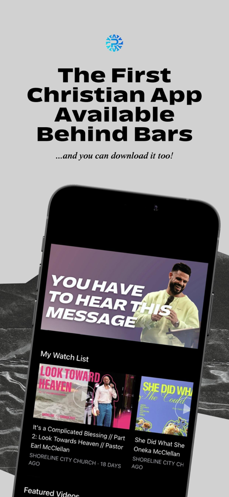 PandoApp - PandoApp mobile screen showing curated Christian sermon videos and the tagline The First Christian App Available Behind Bars