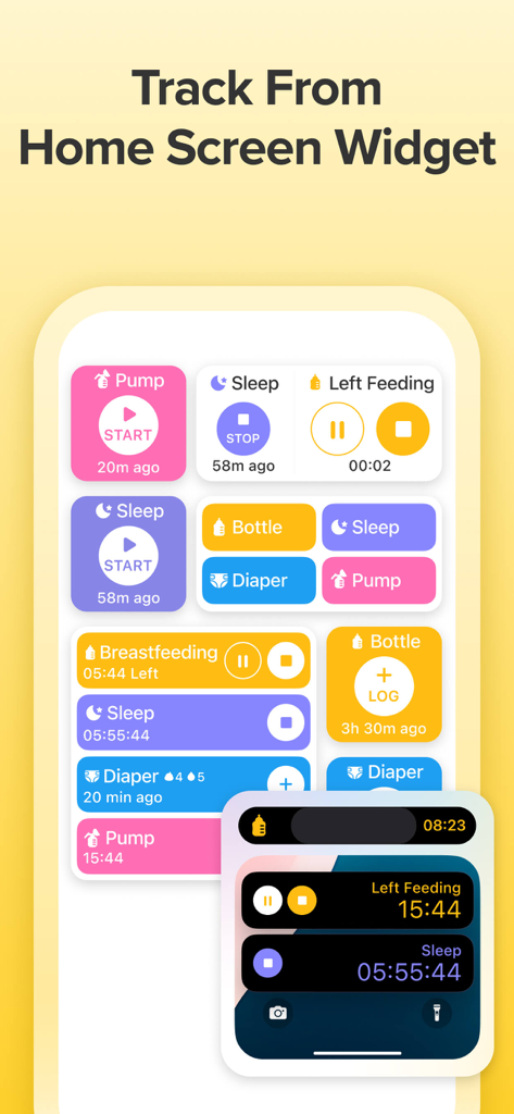 Mobile widgets for tracking baby activities like feeding and sleep