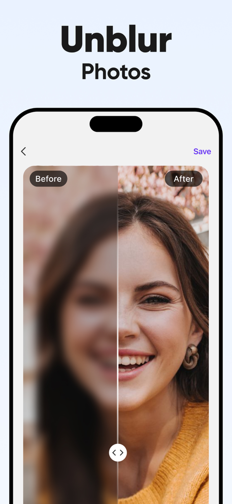 Unblur AI 사진 향상기로 선명하게 보정된 흐릿한 인물 사진의 전후 비교