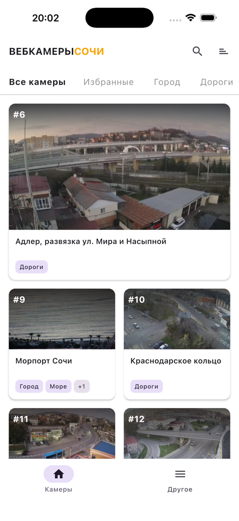 SochiCamera - Interfaccia dell'app mobile SochiCamera che mostra una griglia di feed webcam live per i punti di riferimento della città e il traffico stradale a Sochi