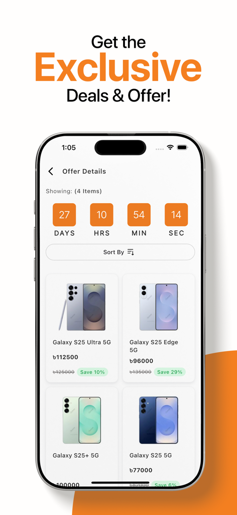 Apple Gadgets - Tech Shopping - A screenshot of the Apple Gadgets mobile app showing exclusive smartphone deals with a countdown timer and discounted Samsung Galaxy S25 models.