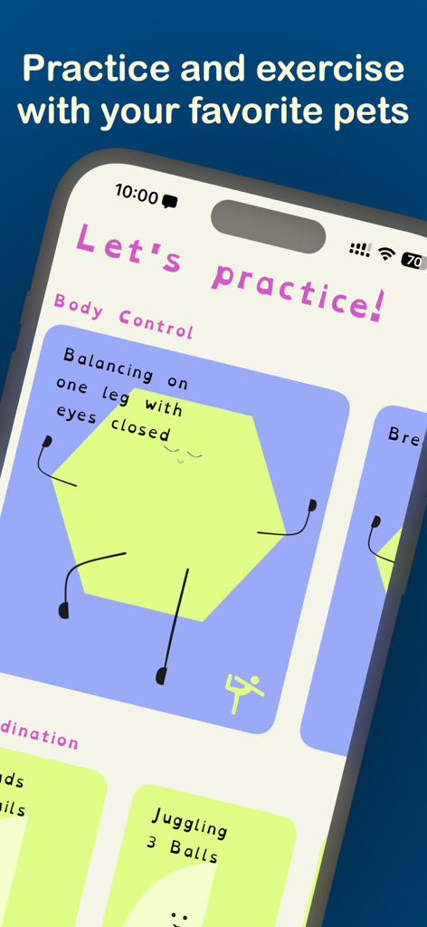 New Skills Everyday app interface showing a body control balancing exercise with a cute geometric character pet
