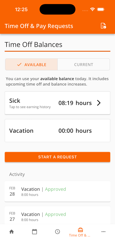Screenshot of the Workforce Tools app showing time off balances for sick leave and vacation days