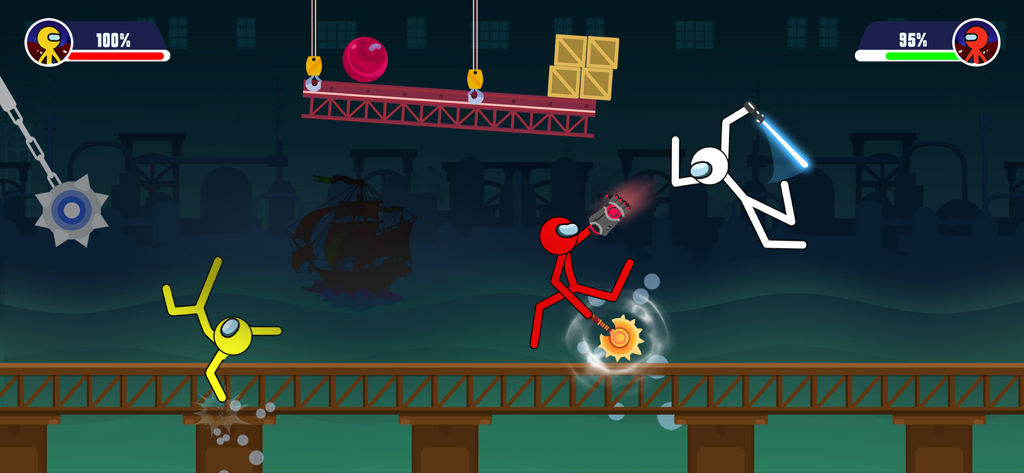 Stickman Battle Fight Game - Batalha de stickman cheia de ação com guerreiros lutando em uma ponte usando armas