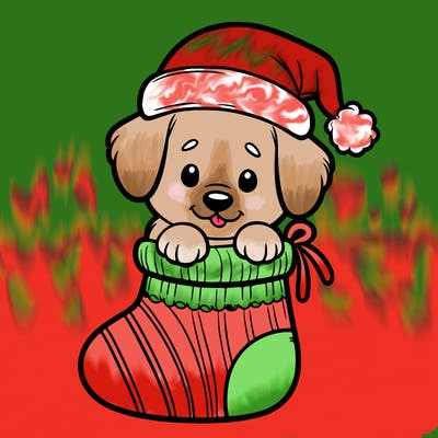 cute puppy wearing santa hat in socking