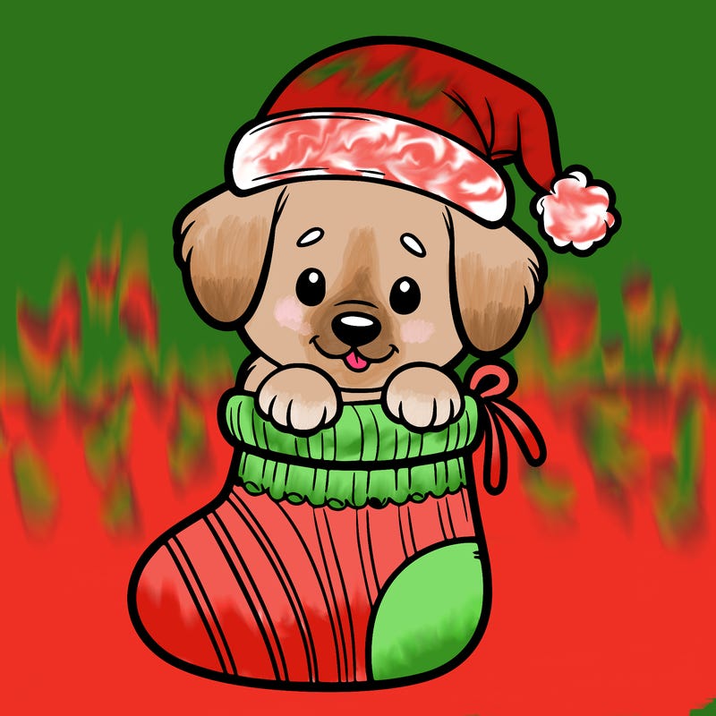 cute puppy wearing santa hat in socking