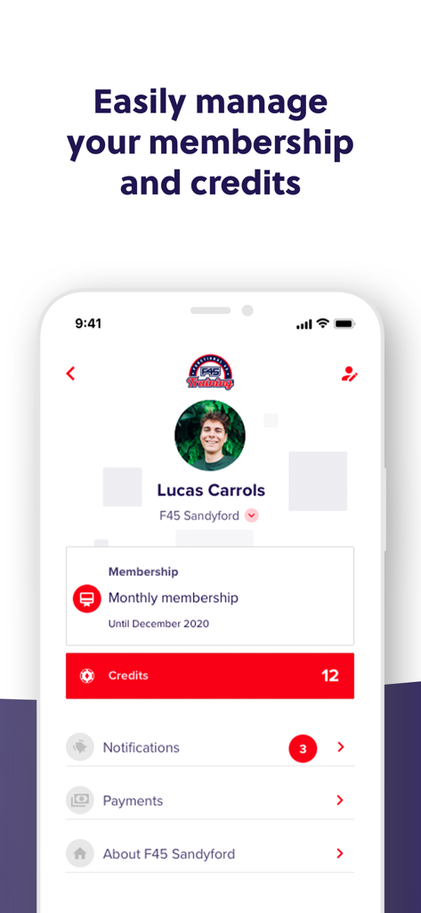 F45 Training Glofox app user profile screen showing monthly membership status and remaining class credits