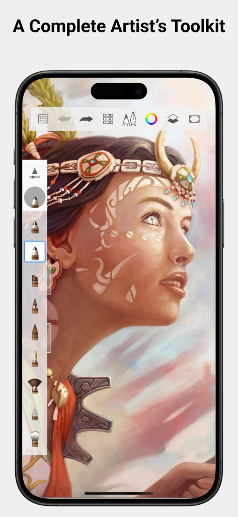 Sketchbook® - A digital painting of a woman in the Sketchbook app on an iPhone showing various brushes and tools