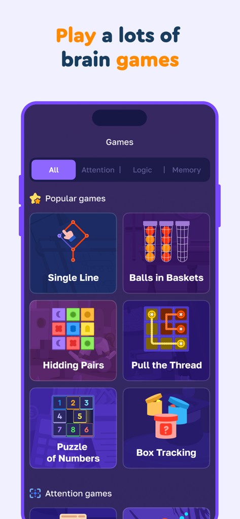 Oberfläche der Brainy Train App, die beliebte Gehirnspiele und Kategorien wie Gedächtnis und Logik zeigt