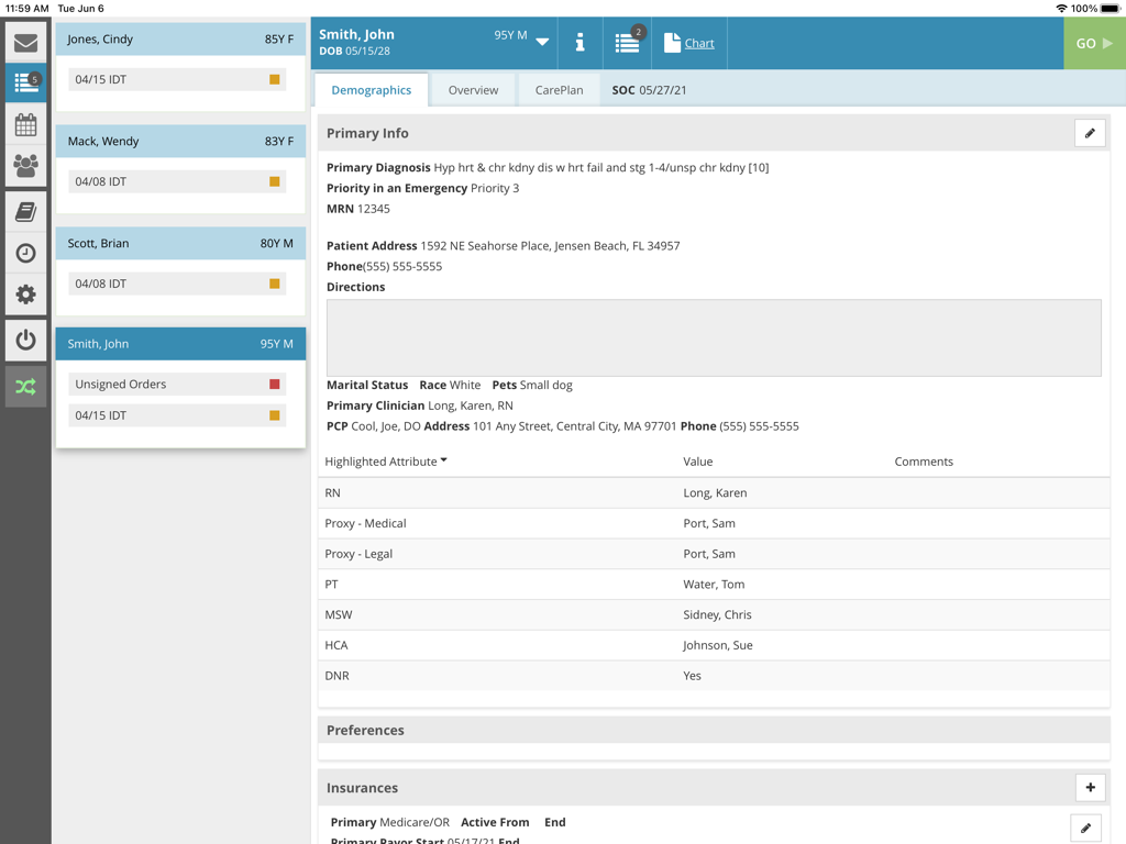 Casamba Home - Casamba Home app interface showing patient demographics and clinical records on an iPad