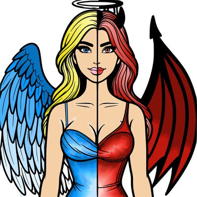 a realistic female cross between an angel and devil