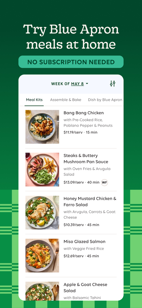 Tela do aplicativo Wonder mostrando kits de refeição Blue Apron disponíveis para entrega sem assinatura.