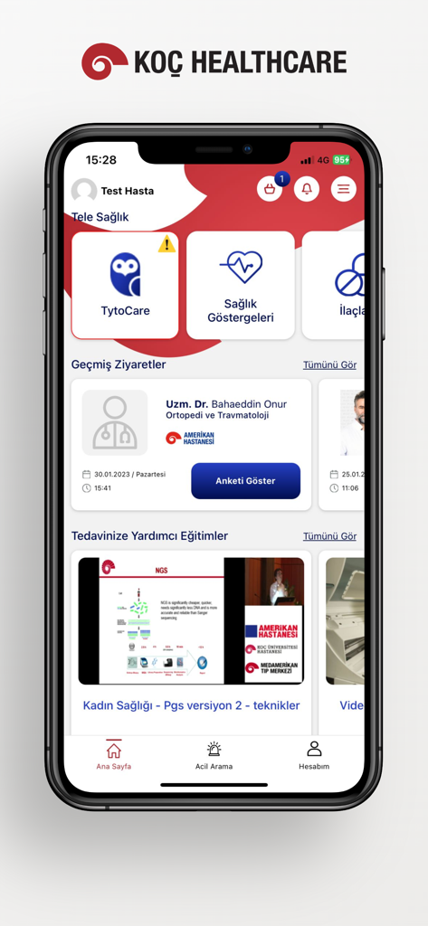 The home screen of the Koç Healthcare mobile app displaying healthcare services and patient records on an iPhone