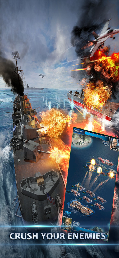 A cinematic naval battle in Battle Warship Naval Empire featuring a large warship firing cannons and tactical fleet combat on a mobile screen.