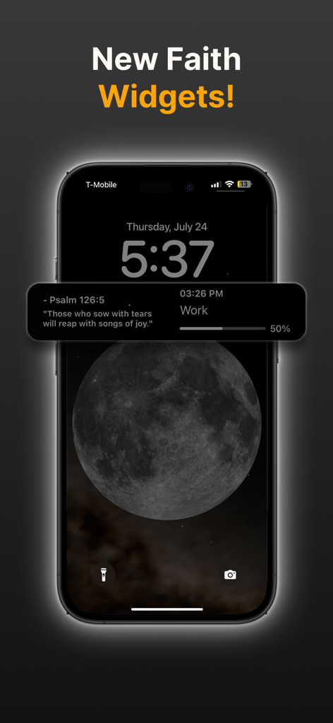 iPhone lock screen with Heavenly app faith widget showing Bible verse and progress bar