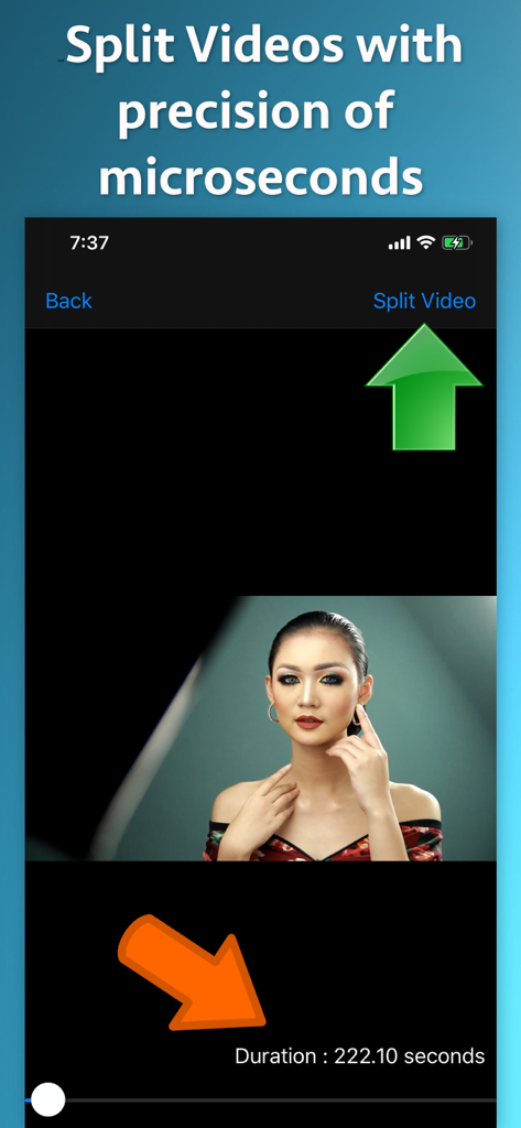 Interface of the Video Splitter app showing a high-precision video cutting tool with a duration indicator for social media content creation.
