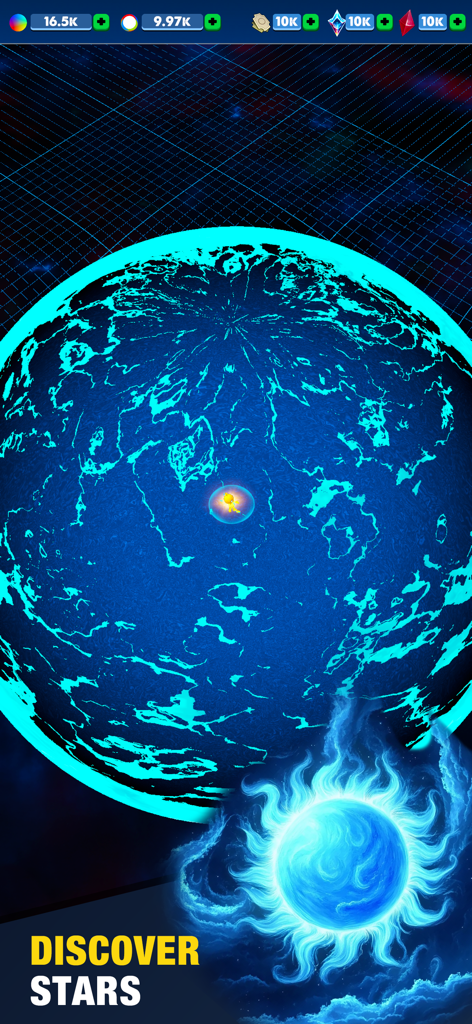 A cosmic blue planet and a glowing blue star in the Sandbox Universe Architect mobile game with the text Discover Stars