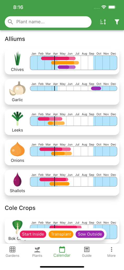 Um cronograma de plantio mensal no aplicativo Planter mostrando datas para iniciar sementes, transplantar e semear vegetais