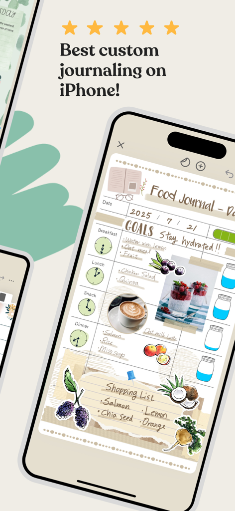 Aesthetic food journal and daily planner layout on the Zinnia iPhone app with decorative stickers and trackers.
