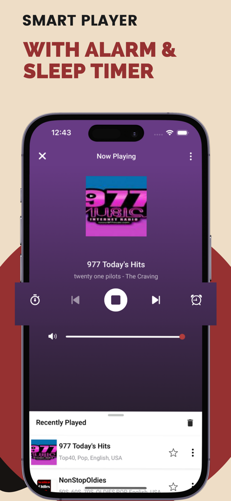 Interface du lecteur intelligent de l'application Radioly FM montrant les fonctions d'alarme et de minuterie de mise en veille