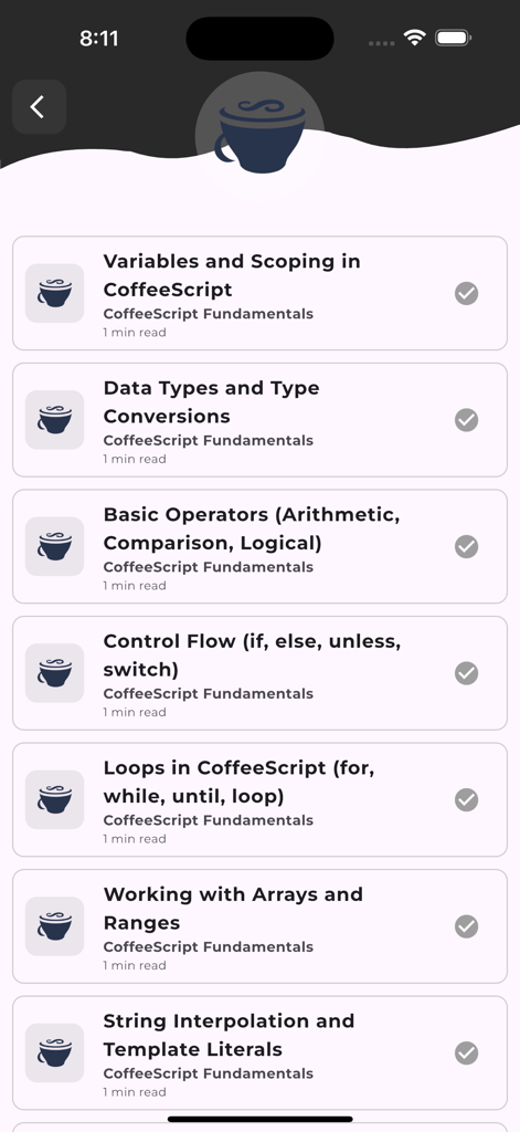 Learn CoffeeScript - List of introductory CoffeeScript programming lessons including variables data types and loops