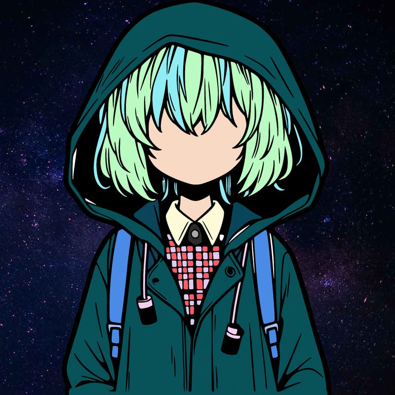 little anime girl in a raincoat her hair is covering her eyes she has a lighter