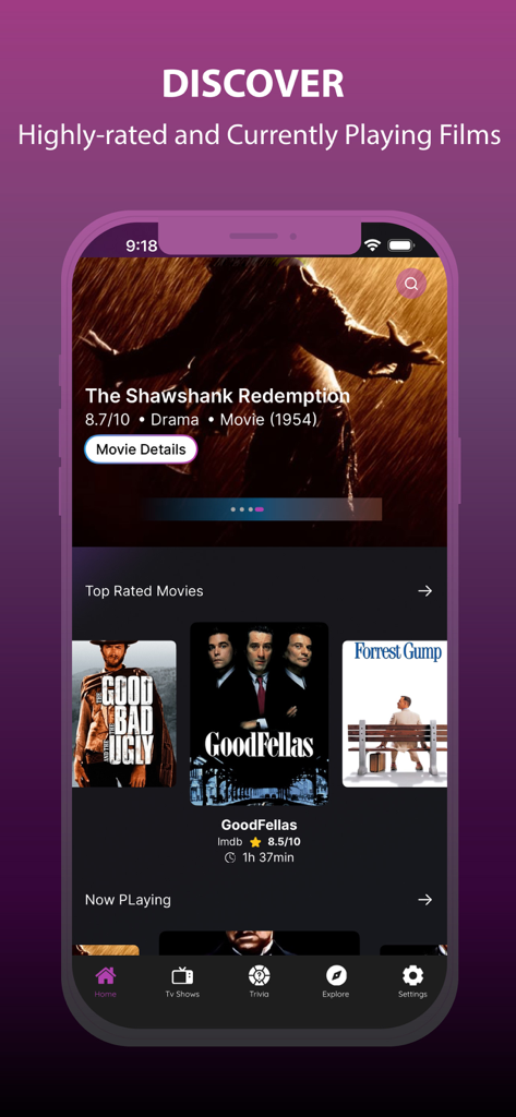 Cinema HD 앱 화면에 최고 평점 영화 및 현재 상영 중인 영화 표시